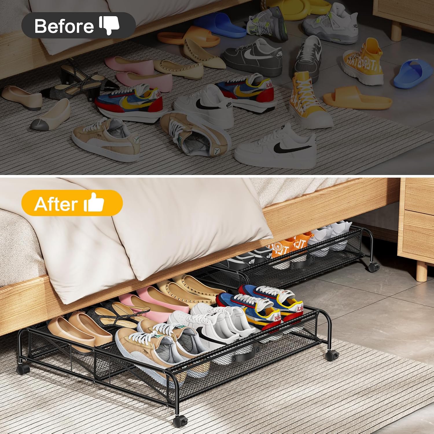 Under Bed Shoe Storage Organizer, 2 Pack Under Bed Storage Containers with Wheels for Under Bed Shoe Organizer Drawer Space Saving for Bedroom
