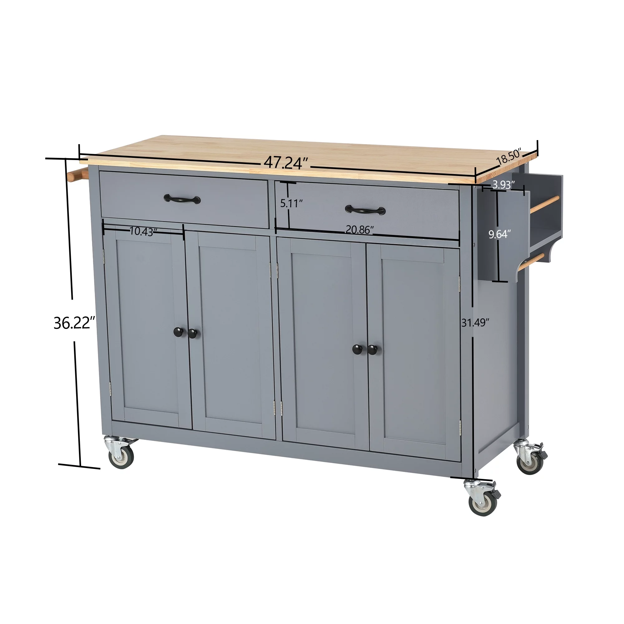 EUROCO Kitchen Island Cart with Solid Wood Top and Locking Wheels, 4 Door Cabinet and Two Drawers, Spice Rack and Towel Rack, Gray