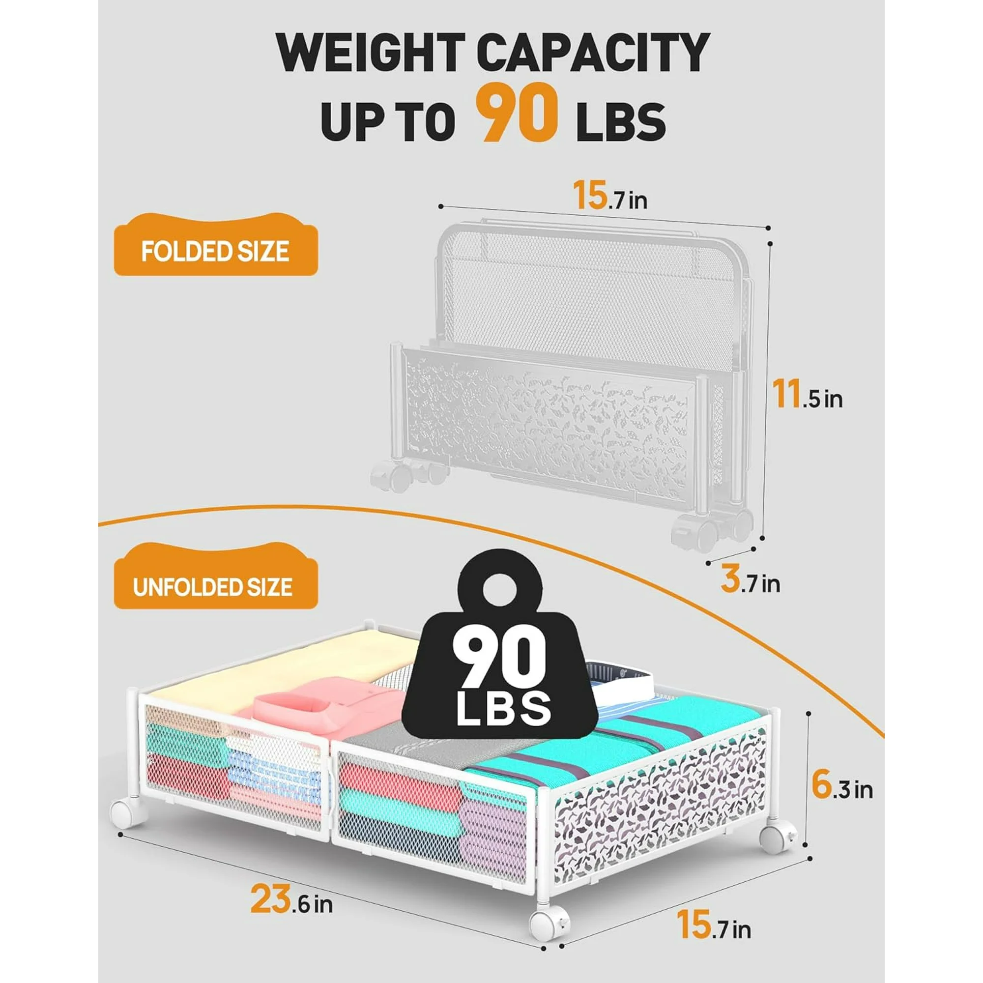 Under Bed Storage with Wheels, 2 Pack Foldable Metal Under Bed Storage Containers, 60L Rolling Underbed Storage, Easy Assembly Under The Bed Storage for Bedroom Clothes Shoes Blankets