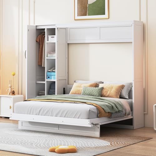 Harper & Bright Designs Queen Size Murphy Bed Wall Bed with Storage Shelves, Wardrobe and LED Lights, Space-Saving for Multipurpose Guest Room or Home Office, Gray
