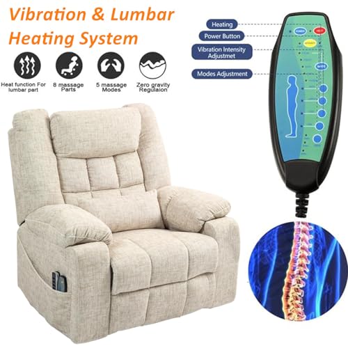 Light Grey Recliner Chair for Elderly | Tall and Big Man 400lbs | Chenille | Power Lift, Lay Flat, Stand Up, Wireless Charging Device, Extended Footrest, Massage Heat, Cup Holder, Lumbar Pillow