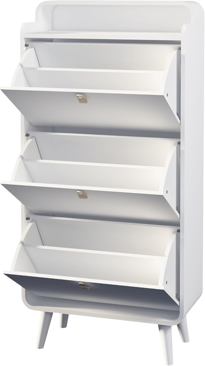 Modern Arc Design Shoe Cabinet with 3 Drawers - Elegant White Entryway Shoe Storage Solution for Closets, Apartments, Hallways & Outdoor Spaces