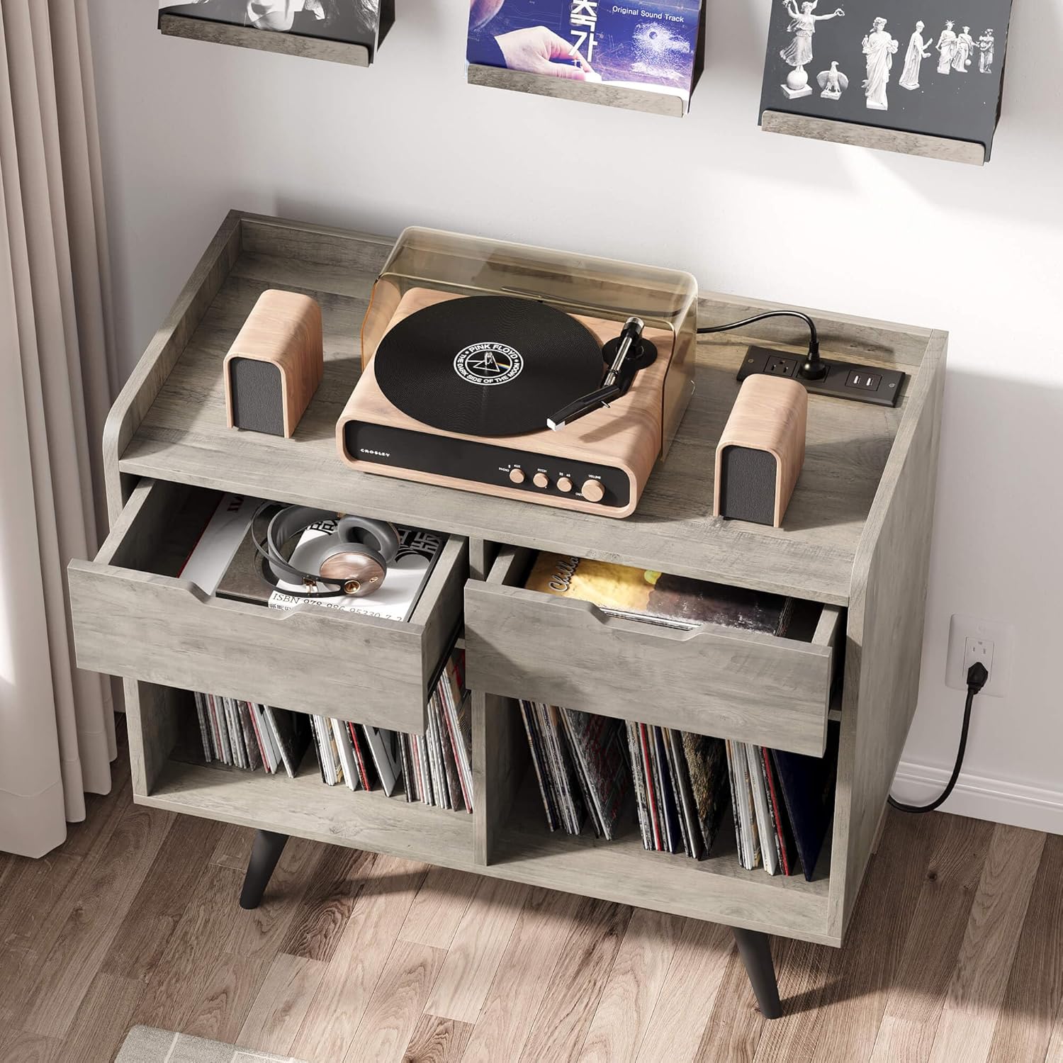 Record Player Stand with Storage, Farmhouse Record Table Cabinet with Power Outlet & Drawers, Large Wooden Turntable Stand for Album in Living Room Bedroom, Gray