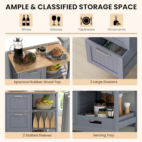 Kitchen Island, Rolling Storage Cart with Drawers & Removable Tray, Wood Storage Cart on Wheels with Countertop & 3 Tier Shelves, Modern Island Table for Kitchen, Dining Room