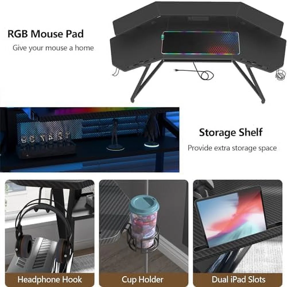 HJZBNONE 72" Gaming Desk with Power Outlet &amp; Led Strip  Large Wing-Shaped Computer Desk w Monitor Stand &amp; Keyboard Tray &amp; RGB Mouse Pad  Studio Desk w   Headphone Hook Cup