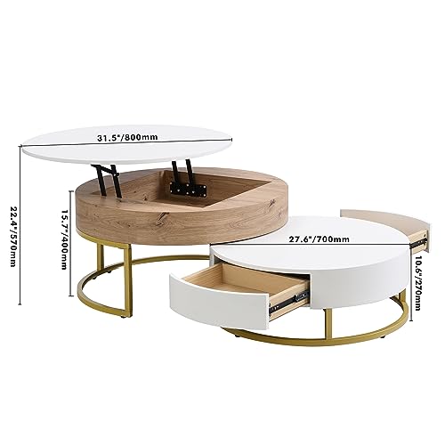 Modern Round Lift-top Nesting Coffee Tables with 2 Drawers for Living Room White & Natural