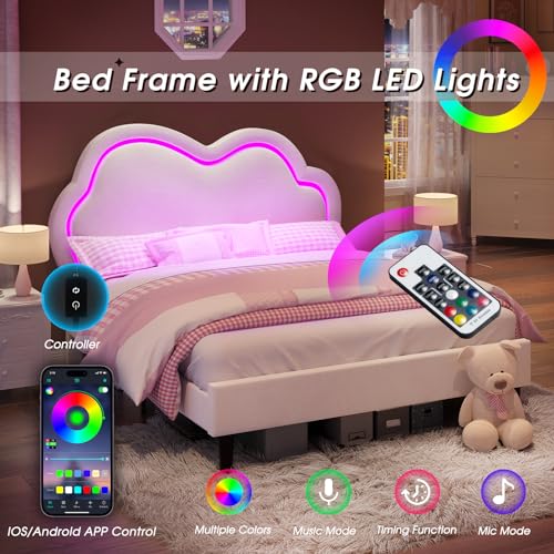 Jocisland LED Bed Frame Queen Size Velvet Upholstered Platform Bed with Adjustable Cloud Headboard, No Box Spring Needed, Easy Assembly, Cream