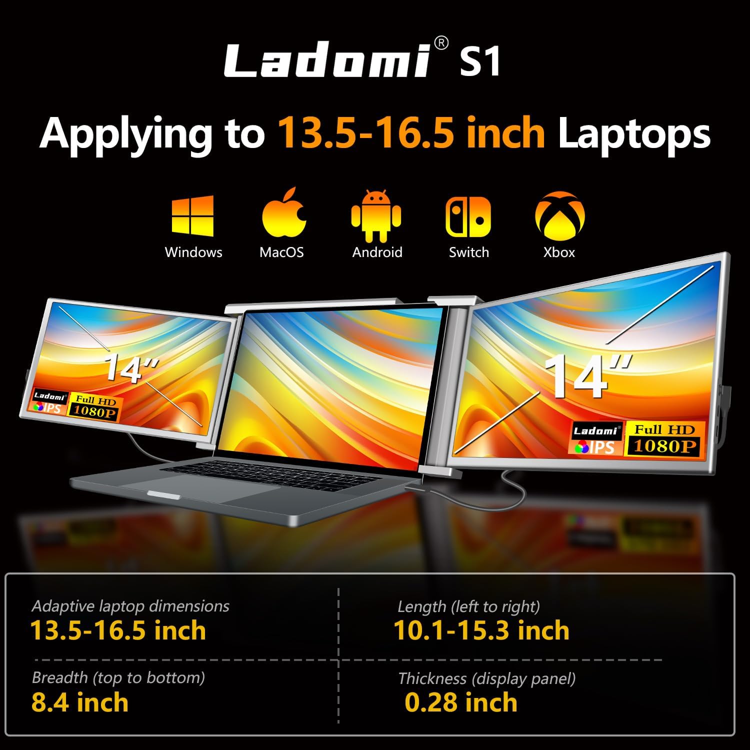 14" Triple Laptop Screen Extender, Plug and Play, FHD 1080P IPS Laptop Monitor Extender, Triple Portable Monitor, HDMI/USB-C Portable Monitor for 13.5" -16.5" Laptop - S1 Gray