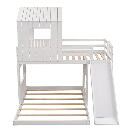 Harper & Bright Designs House Floor Bunk Beds with Slide, Wooden Twin Over Full Bunk Beds with Slide, Roof and Guard Rail for Kids, Teens, No Box Spring Needed (White, Twin Over Full Size)