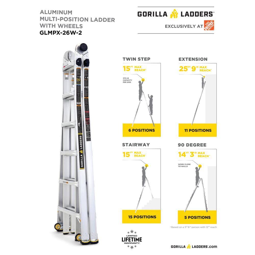 Gorilla Ladders 26 ft. Reach MPXW Aluminum Multi-Position Ladder with Wheels, 375 lb. Load Capacity Type IAA Duty Rating