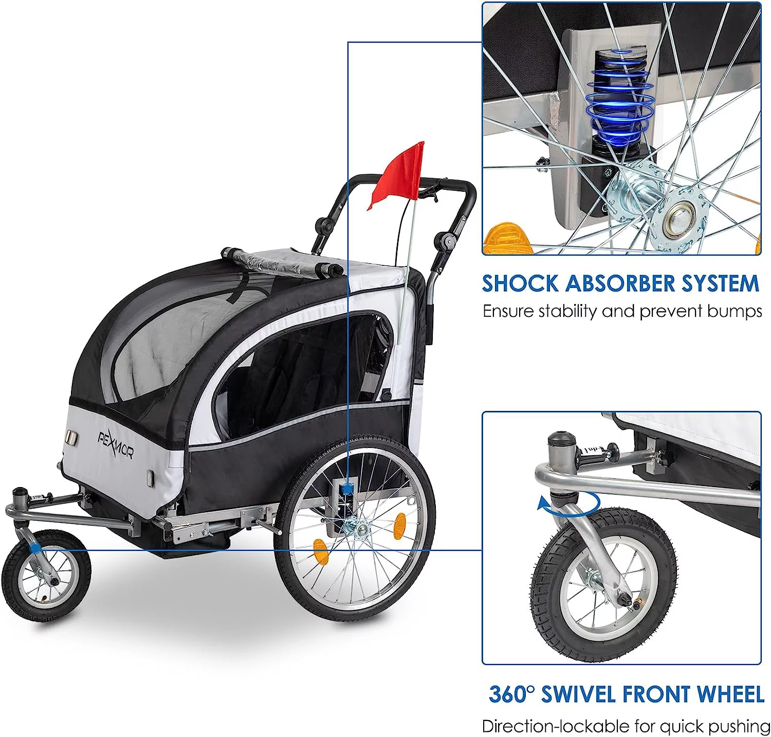 PEXMOR 2-in-1 Bike Trailer for Kids 2 Seat,Child Bicycle Trailer Bike Stroller w/Safety Harnesses & Shock Absorber,Pull Behind Baby Bike Trailer Carrier w/Universal Hitch & 360 Swivel Wheel