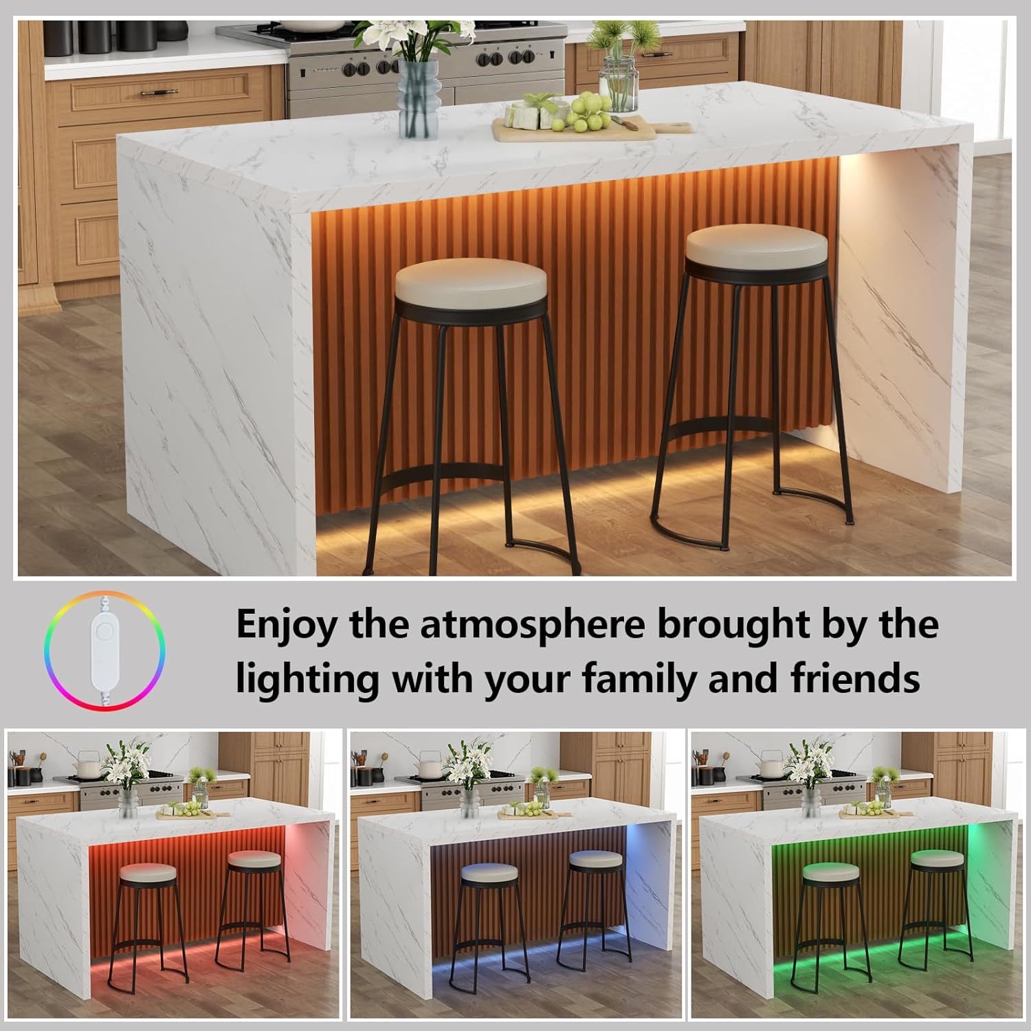 63" Large Imitation Marble Dining Table for 4-6 People, Island Table with LED Lights, Mordern Marble Stripes Kitchen Dining Table with Grille design for Dining Room, Home, Office, Living Room（White）