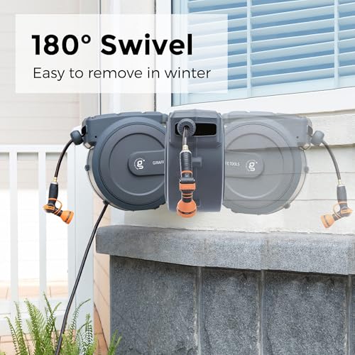 Giraffe Tools Hose Reel 1/2‘’ 78ft, Heavy Duty Retractable Garden Hose Reel with Any Length Lock, Slow Return System, Wall Mounted and 180 Deg Swivel Bracket