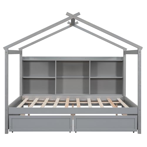 Full Size House Bed with Twin Size Trundle and Storage, Montessori Bed Wood Playhouse Bed Frame,Wooden Kids Bed Frame with Roof Design (White/Full Size House Bed-002)