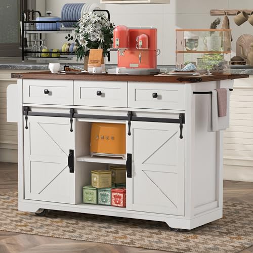 54.5" Farmhouse Kitchen Island with Drop Leaf,Storage Cabinet Island on Wheel,Rolling Home Cart Breakfast Bar Table with Power Outlet, 3 Drawer, Spice Rack