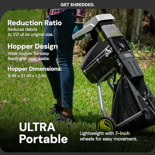 Sun Joe Wood Chipper Shredder, 15-Amp Corded Electric Yard Waste Shredding Machine with Collection Bag, 1.7 Inch Cutting Diameter, Black, CJ603E