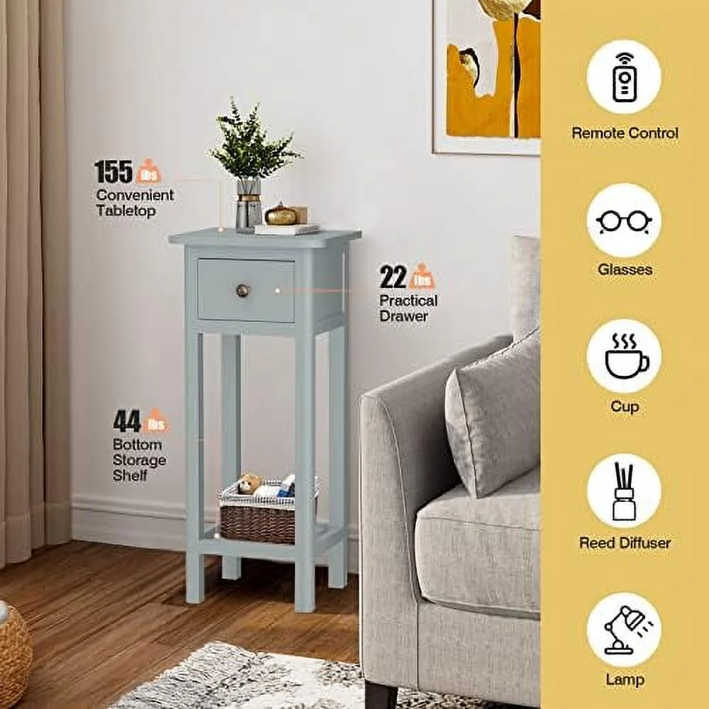 HJZBNONE Narrow Side Table  Small End Table for Small Spaces  Farmhouse Acacia Wood Slim Side Table  Small Bedside Tables Thin Nightstand w/Drawer &amp; Open   No Assembly Required  14 x