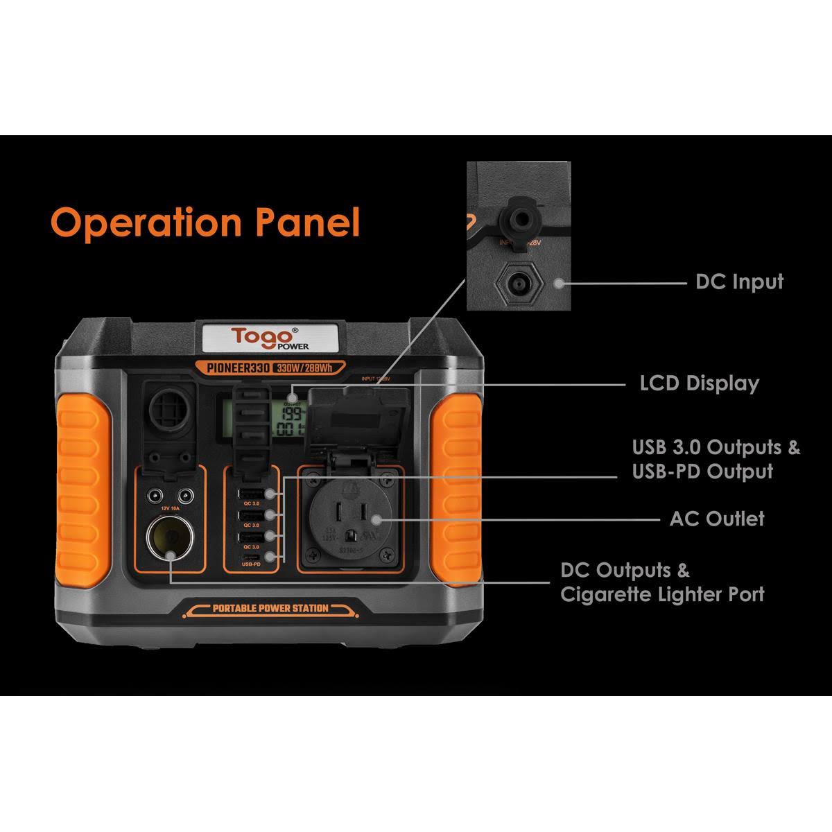 Togo Power Pioneer 330, 288Wh Portable Station Lithium Battery 330W (660W Peak) for Hiking, Camping, Home Emergency, Tailgating,