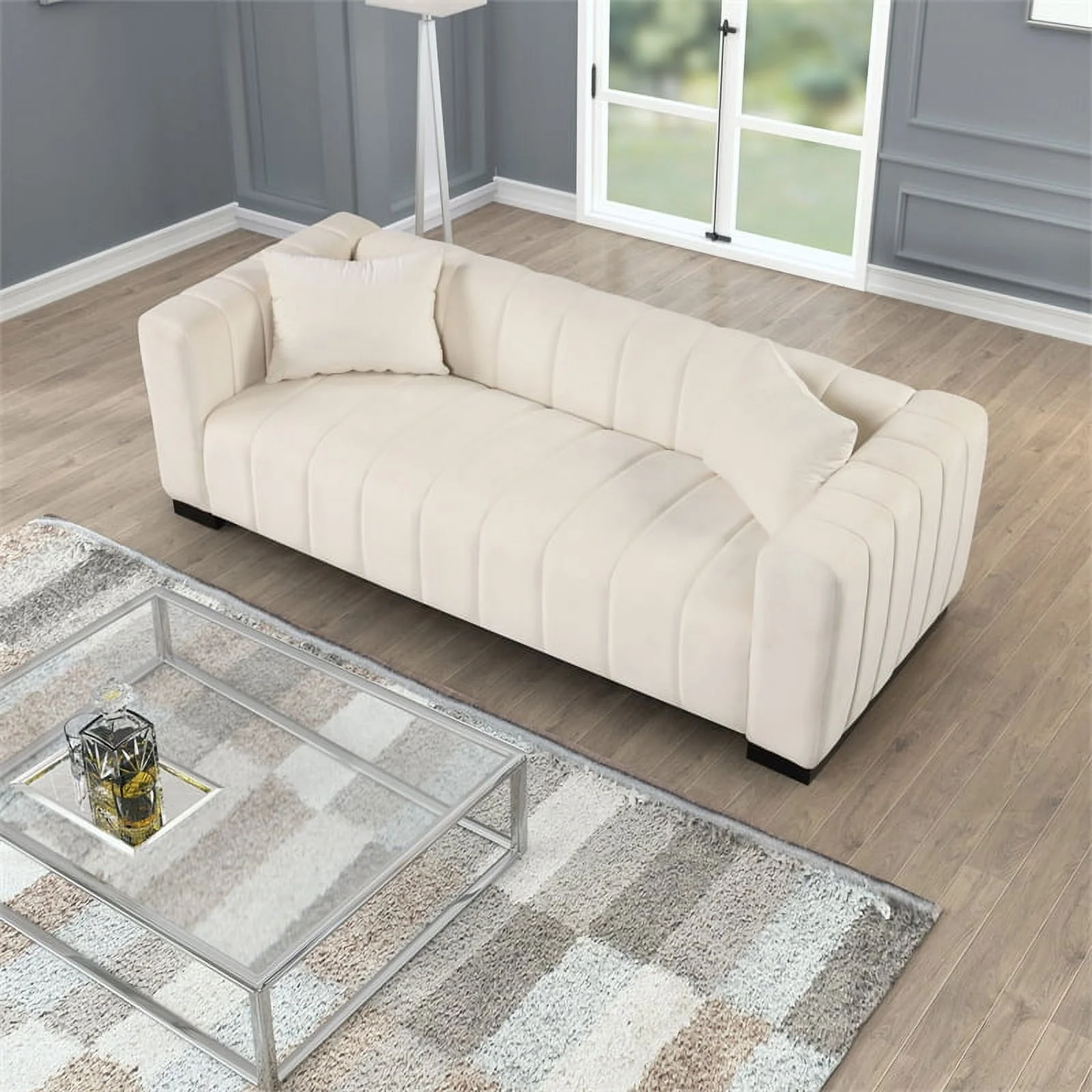 Rnfurnishings 3-PC Living Room Furniture Velvet Sofa+Loveseat+Armchair Set-Beige