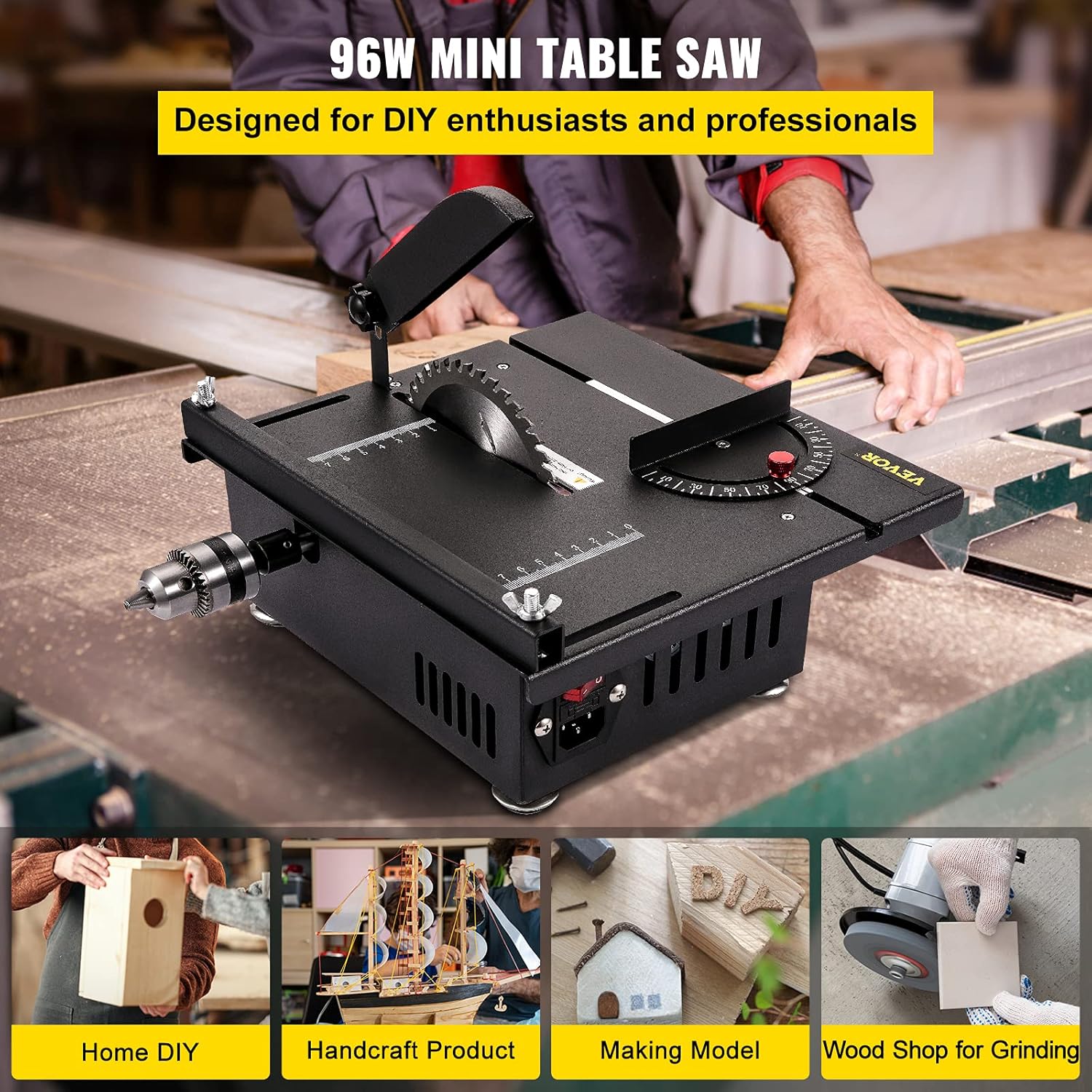 VEVOR Mini Hobby Table Saw for Woodworking DIY, 7 level power adapter, 200W 4000RMP Multifunctional Table Saws, 1.57in Cutting Depth, Cutting/Polishing Set.