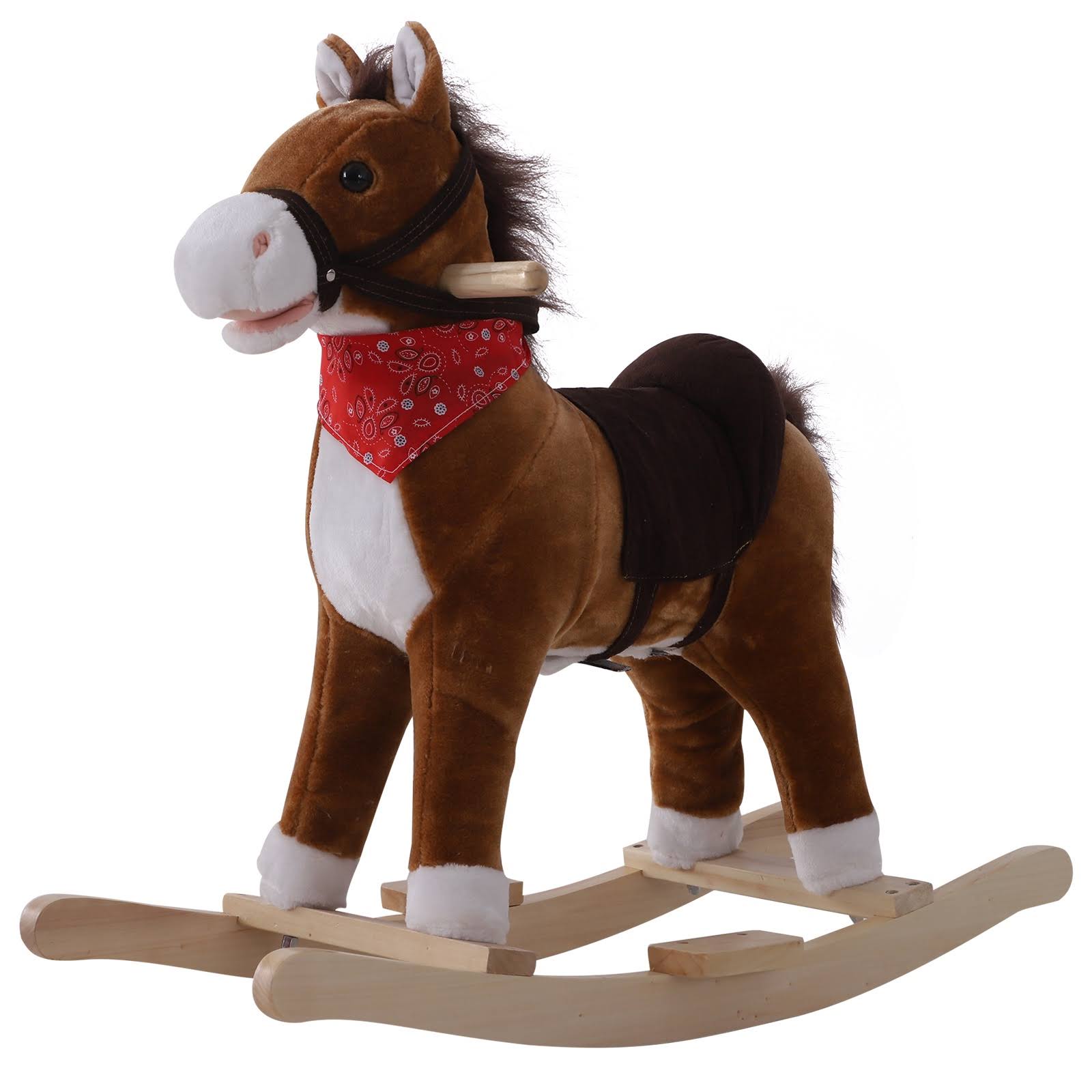 Qaba Kids Plush Toy Rocking Horse Ride on with Realistic Sounds u0026 Tail with Red Scarf