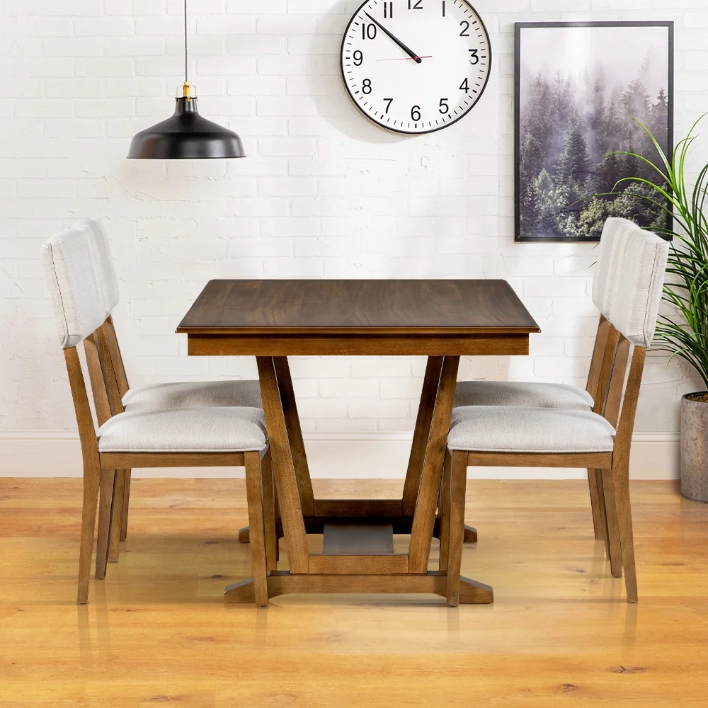 5 Piece Dining Table Set, Atumon Dining Table Set for 4, Wood Dining Room Set with 1 Table and 4 Upholstered Chairs, Farmhouse Dining Table Set for Kitchen Dining Room Apartment, Walnut