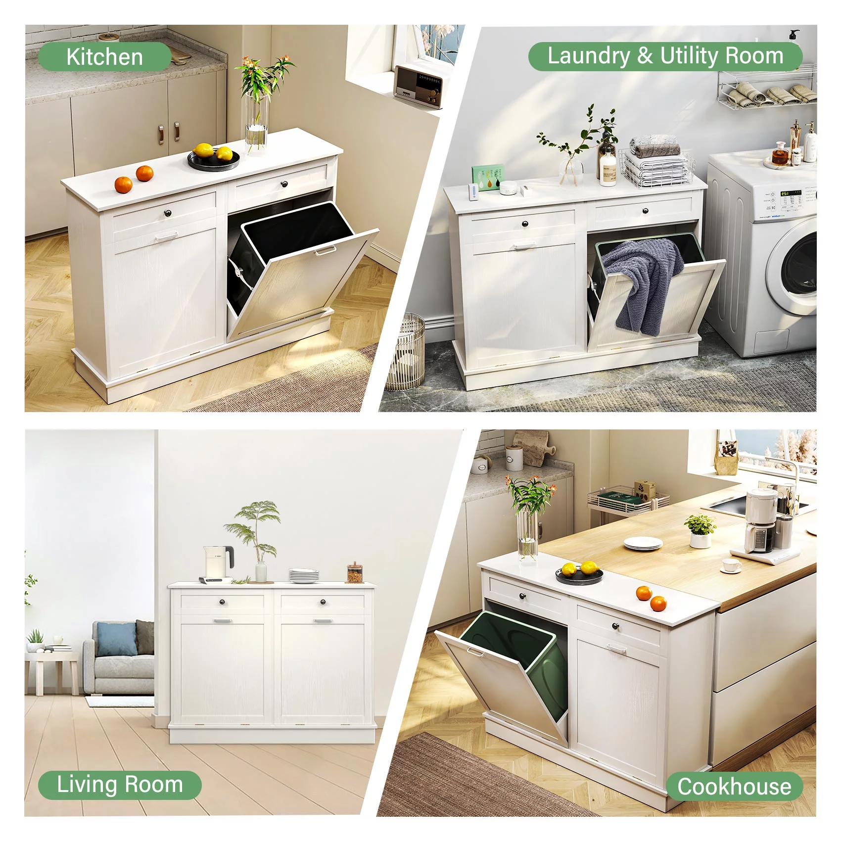 TC-HOMENY Dual Tilt Out Trash Cabinet, Trash Can with Countertop and Drawer, Free Standing Trash Can Cabinets with Lid Support Hinge, Recycling Cabinet Free Standing For Kitchen, Laundry Room, White