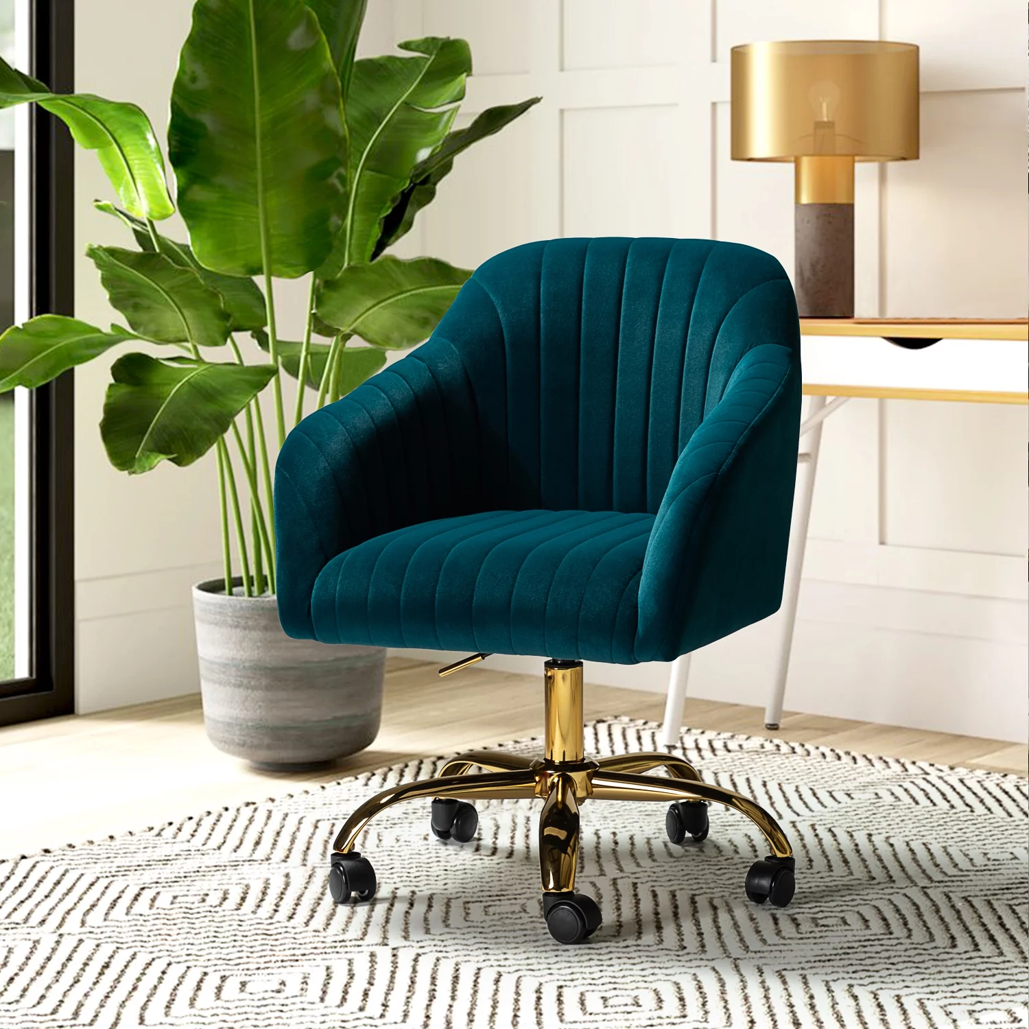 Modern Home Office Task Chair Swivel Rolling Velvet  Adjustable Gold Legs Bedroom Adult Green