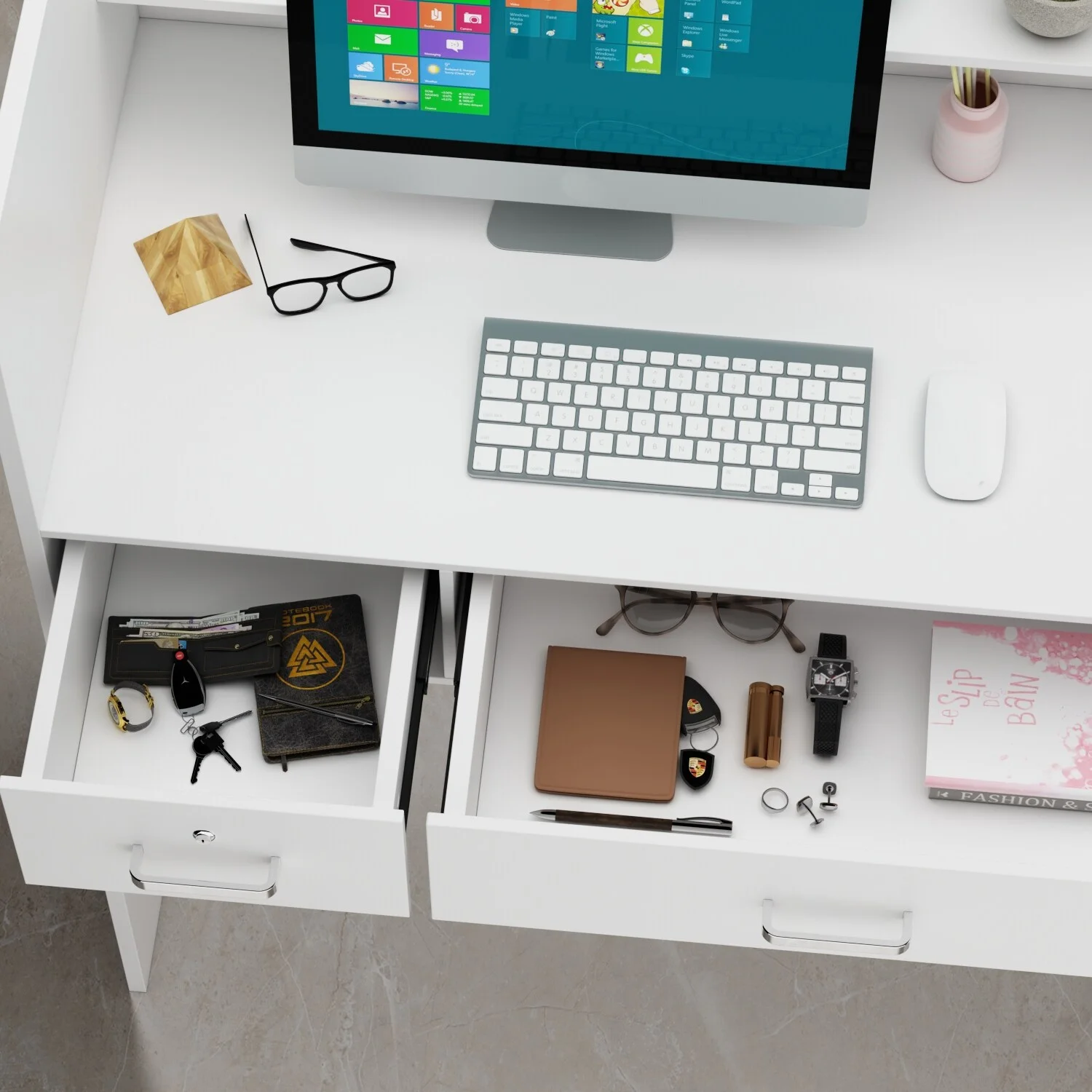 Kerrogee 47.2"L Reception Counter Desk with Lockable Drawers Table White
