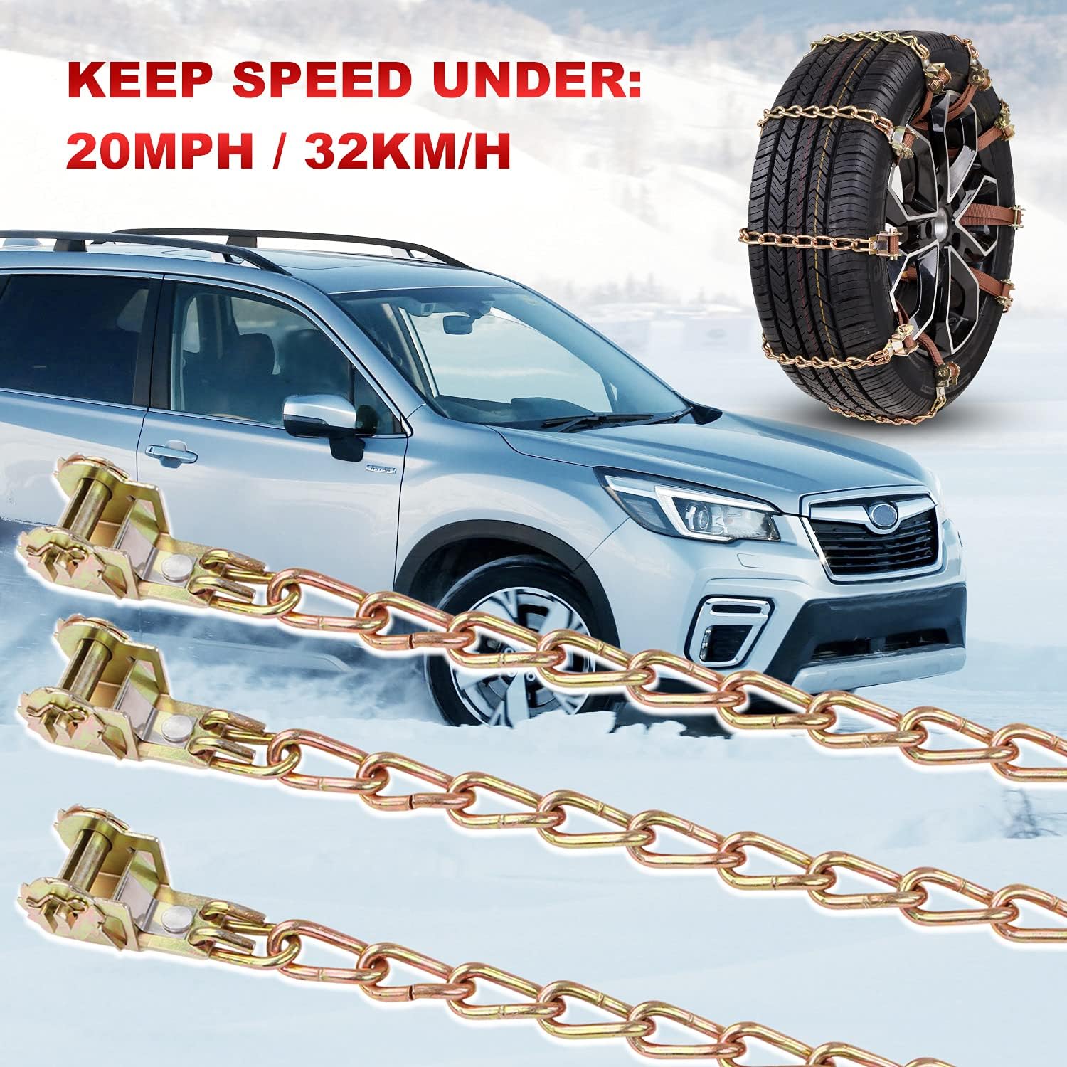 Tire Chains, Snow Chains 12 pcs for Trucks Suvs, Cars, Sedan, Family Automobiles with Update Adjustable Lock for Ice, Snow,Mud,Sand,Applicable Tire Width 225-285 mm /8.8-11.3in