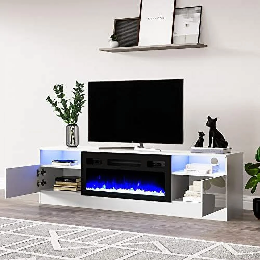 TJUNBOLIFE Fireplace TV Stand for 75 inch TV  LED TV Entertainment Center with 30" Electric Fireplace  High Gloss Modern Television Stand  White