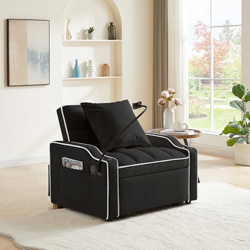 Convertible Sleeper Sofa Bed, 3 in 1 Velvet Pull Out Loveseat Couch Modern Comfy Futon Sofa with Adjustable Backrest & Phone Holder & USB Charging Space Saving for Living Room, Small Apartment, Grey