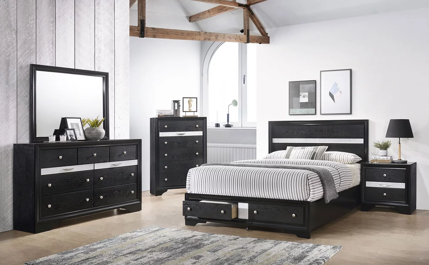 Contemporary 5pc King Size Storage Drwers Panel Bed Dresser Mirror Nighstand Set Black Wooden Home Bedroom Furniture