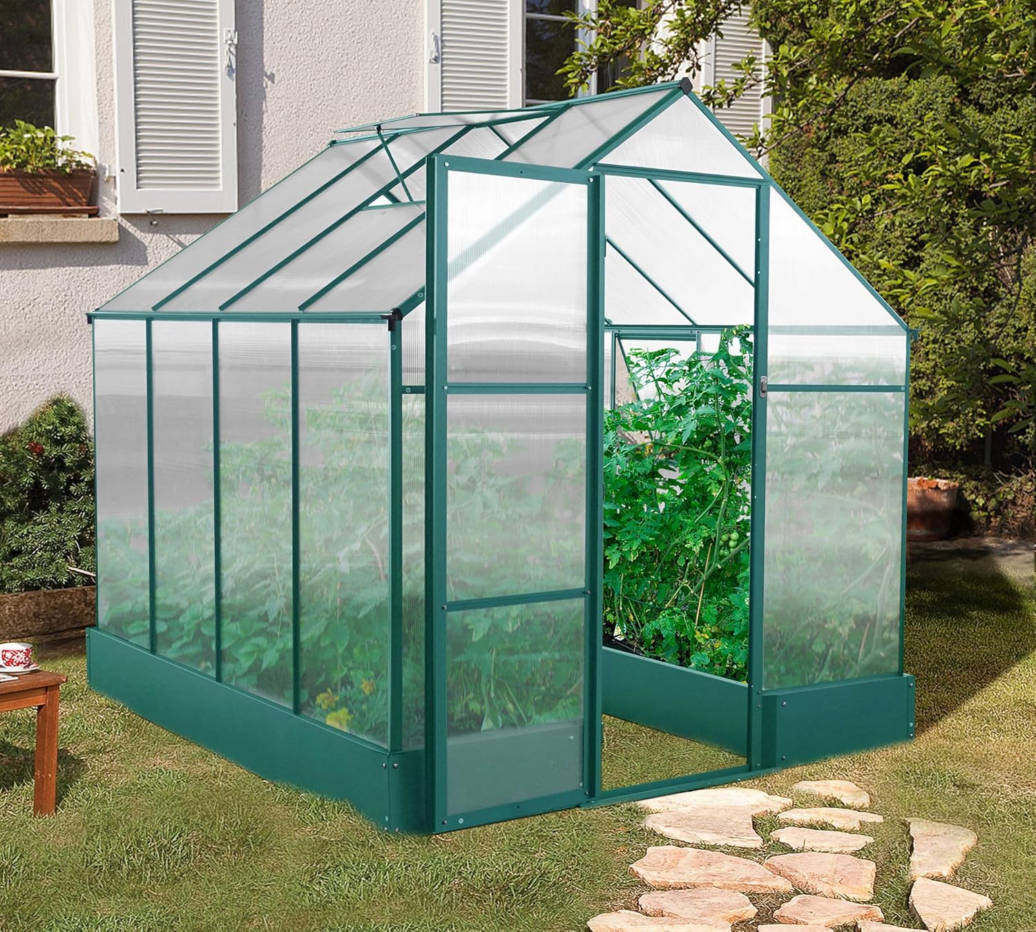 Hanover HANGRNHSP8X6-GRN 8 x 6-Ft. Polycarbonate Walk-in Greenhouse, Natural/Silver