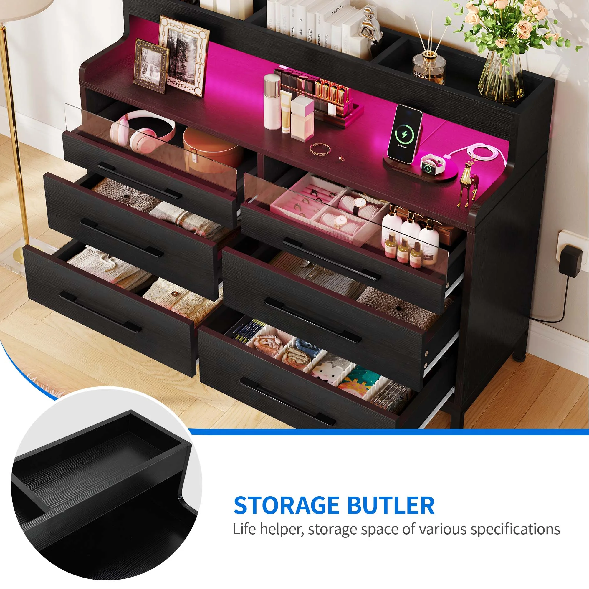DWVO 6 Drawer Dresser for Bedroom, Double Dressers & Chests with LED Light & Open Storage, Modern Chest Organizer for Bedroom, Living Room, Entryway, Hallway, Black