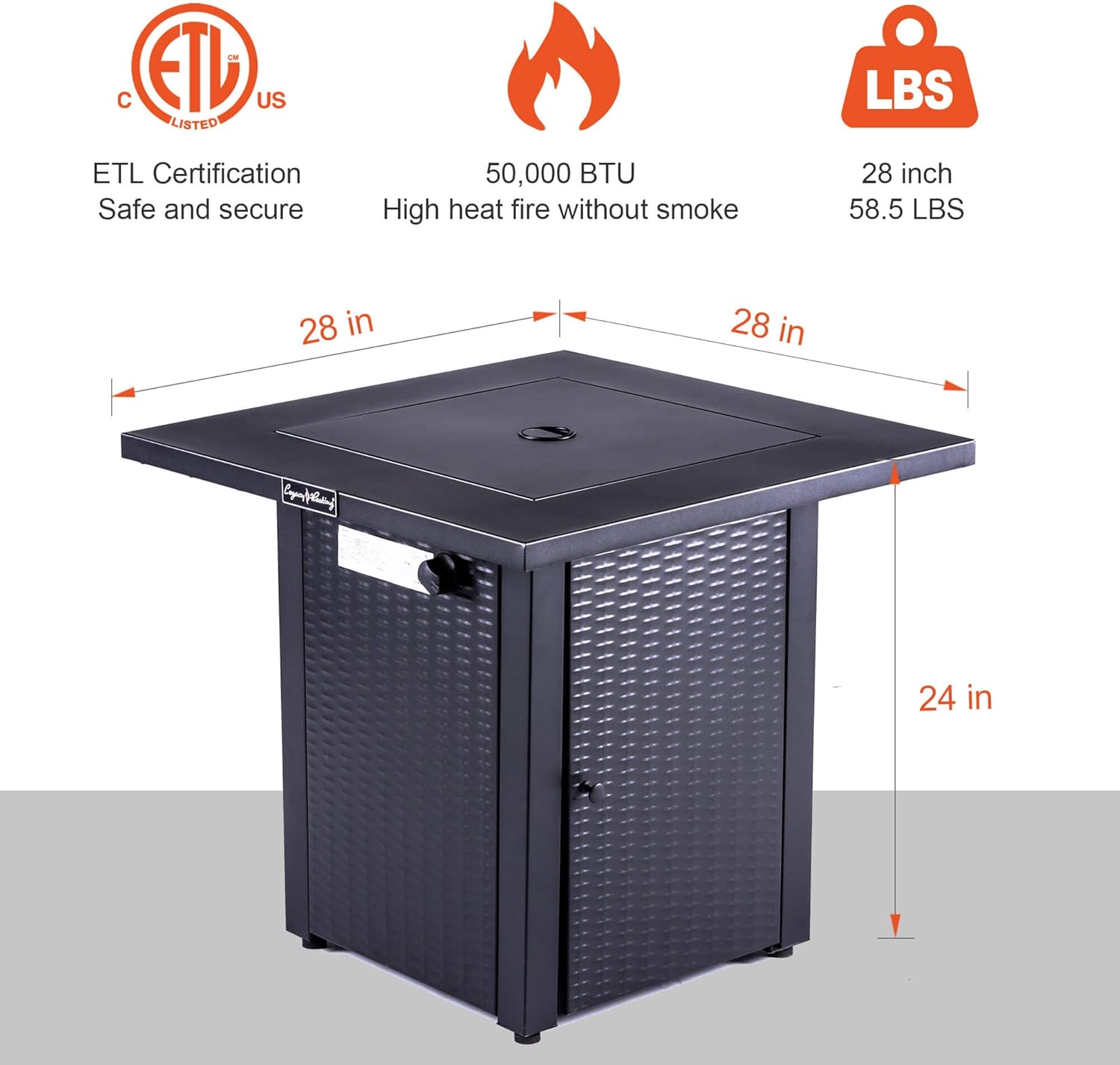 28&ldquo; Outdoor Gas Fire Pit Table Propane Fire Pits, 50000 BTU, with Lid, Rattan & Wicker-Look, Lava Stone, ETL Certification, Add Ambience to Gatherings and Party On Patio Deck Garden Backyard