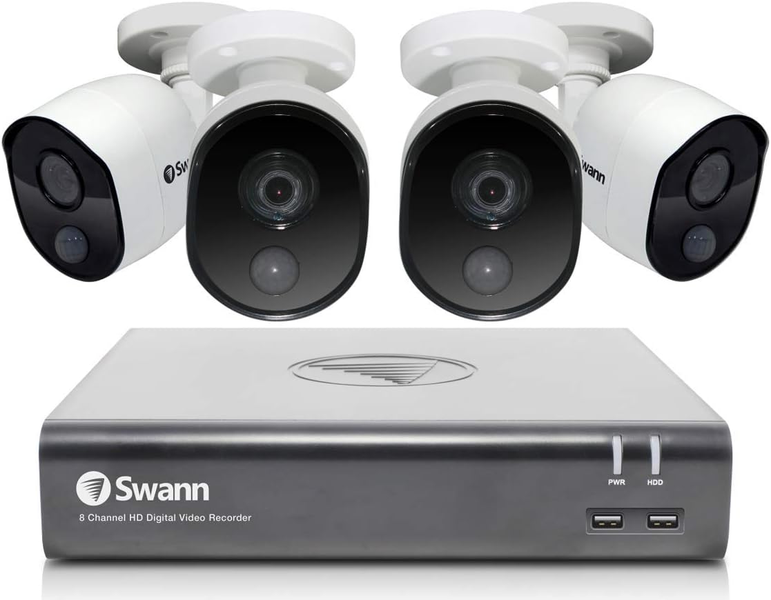 Swann 8 Channel 4 Camera Security System, Wired Surveillance 1080p Full HD DVR 1TB HDD, Indoor/Outdoor, Heat & Motion Detection + Night Vision, Pairs with Google Assistant + Alexa, SWDVK-845804V