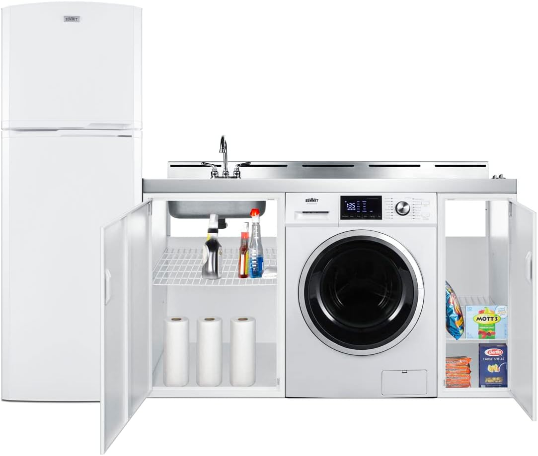Summit Appliance ACKSPWD82 83" Wide All-In-One Kitchenette with Washer/Dryer Combo; a Full-sized Refrigerator-freezer, 2-Burner Cooktop, Non-vented 115V Washer/dryer Combo, and Sink