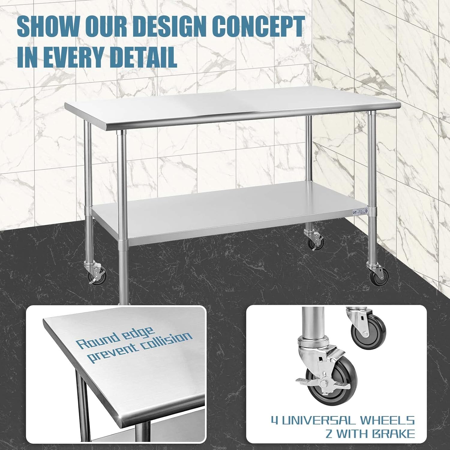 Hally Stainless Steel Table for Prep & Work 24 x 36 Inches with Caster Wheels, NSF Commercial Heavy Duty Table with Undershelf and Galvanized Legs for Restaurant, Home and Hotel