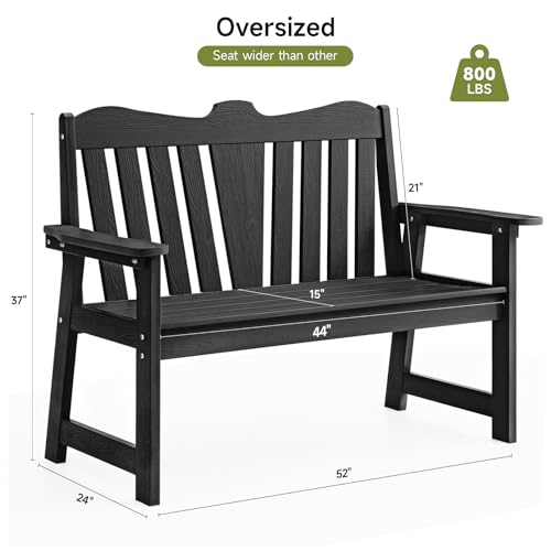 Outdoor Bench, 2-Person Weatherproof Garden Bench with Wide Armrests and Backrest, All-Weather Patio Bench Will not Rot and Fade for Garden, Porch, Backyard and Park, Easy Installation, Black