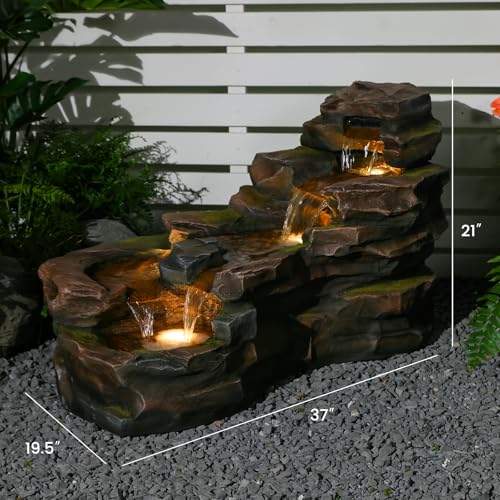 37" L Garden Outdoor Water Fountain, Floor Standing 5-Tiers Rock Natural Waterfall Outdoor Fountains with LED Lights for Patio, Porch, Home Art Decor