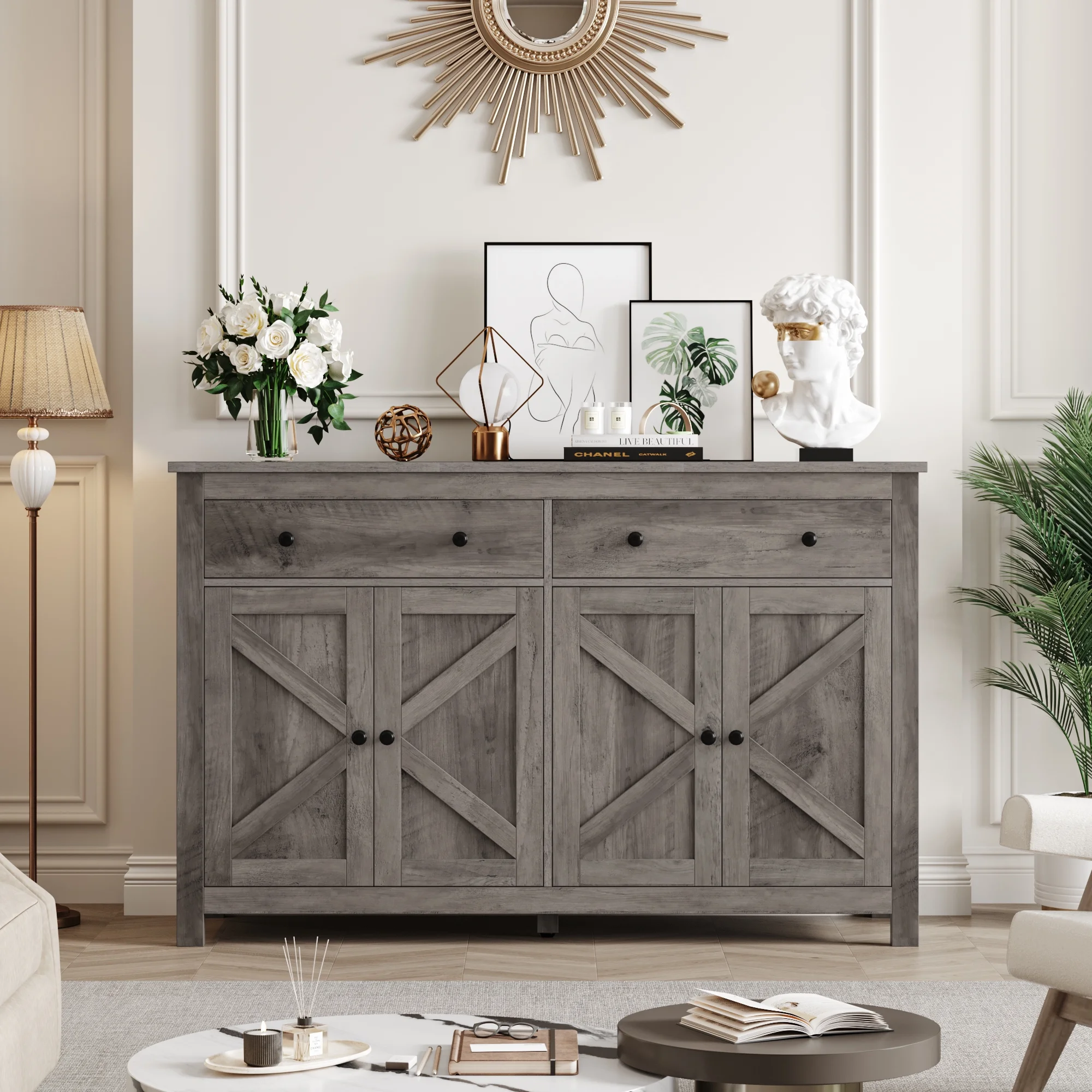 Homfa Farmhouse Kitchen Sideboard, 4-Doors 2-Drawers Wood Buffet Cabinet with Adjustable Shelves, Gray