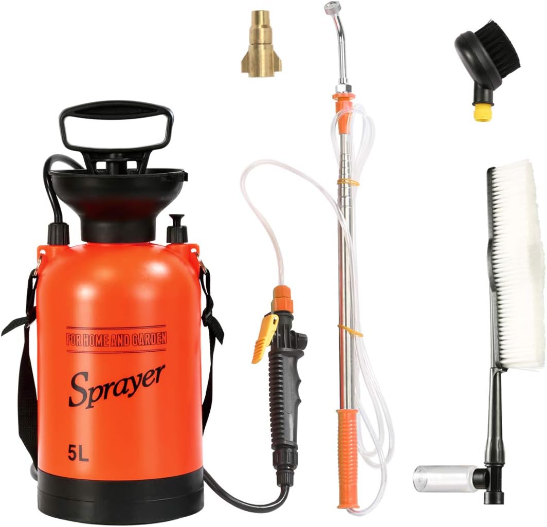 CLICIC 1.3 Gallon Portable Pump Pressure Sprayer with Pressure Relief Valve for Gardens, Cleaning Cars Pets and Sliding, Includes Adjustable Shoulder Strap, Red Pack of 2