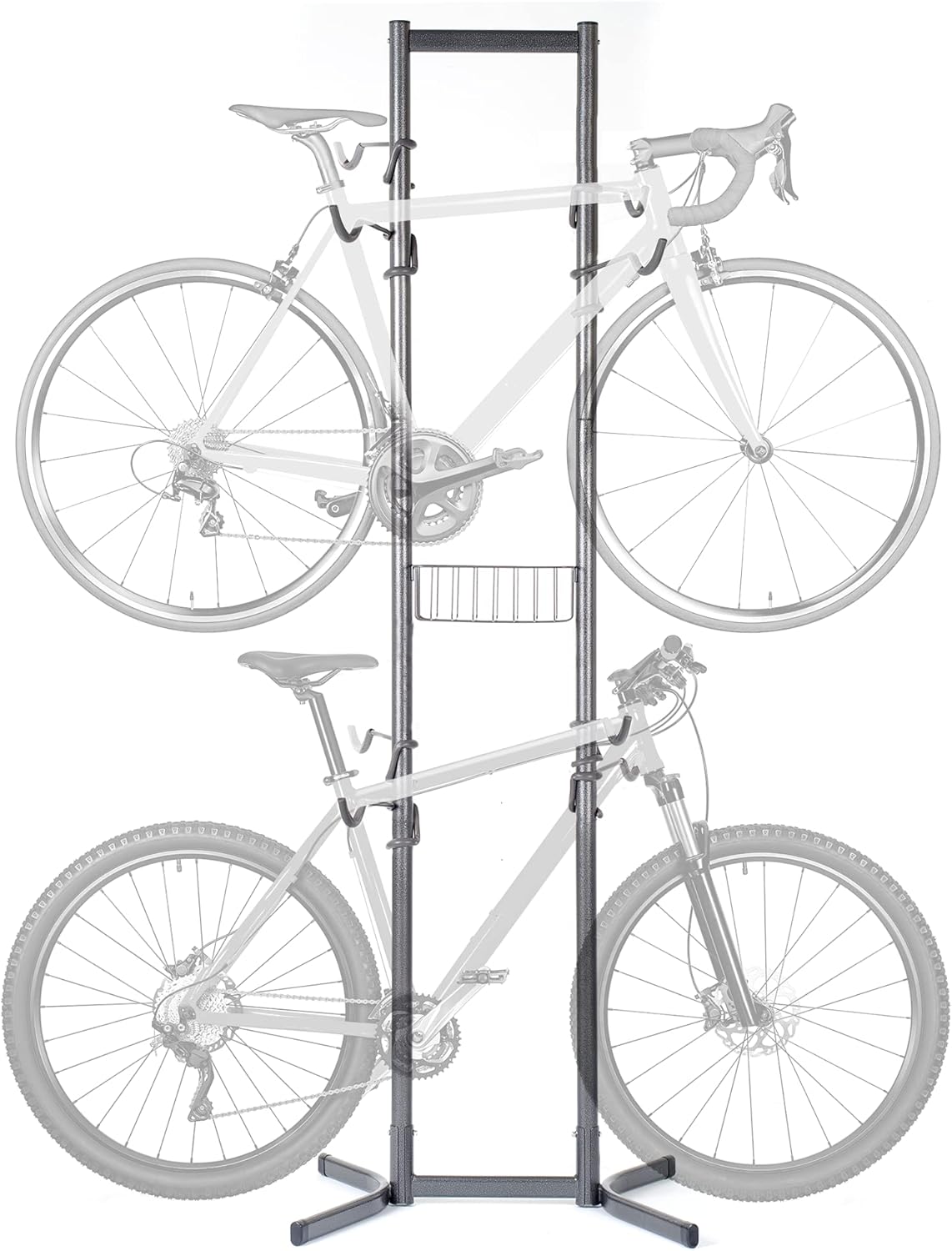 Delta Cycle 4 Bike Rack Garage - Bike Storage Rack with Basket - No Drilling Required - Fully Adjustable Vertical Bike Rack for Any Style Bicycle - Freestanding Wall Bike Rack Holds Up to 160 lbs