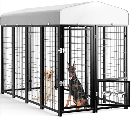 SINO LUBAN Outdoor Dog Kennel Outside Run with Doggy Door, Swivel Feeder&Roof - 8x4x6 Large Dog Kennels Pens Outside for Large Dogs Breed-Heavy Duty Cage Enclosure Yard (Can Connect to Your Dog House)