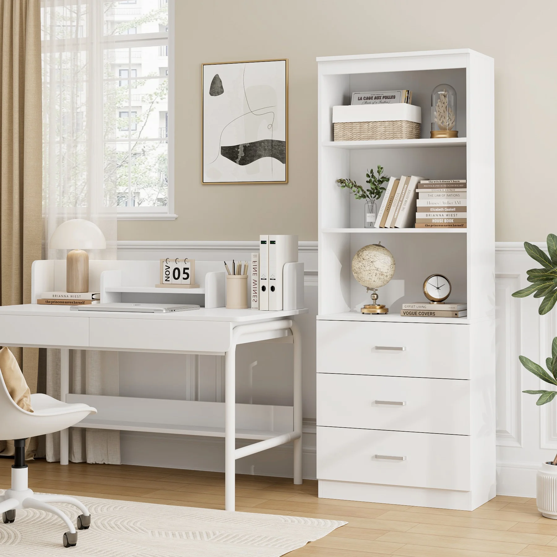 Homfa 71" Tall Bookcases with 3 Large Drawers, 3 Tier Wooden Storage Bookshelf for Living Room Home Office, White - Curated Treasures Market
