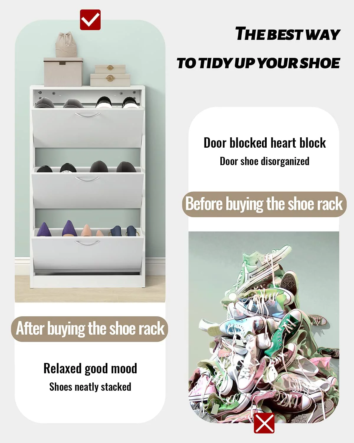 LAZZO Shoe Cabinet for Entryway, White Narrow Shoe Storage Cabinet Flip Down Shoe Rack Wood 3 Tier Shoe Organizer for Home and Apartment