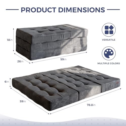 MAXYOYO Tri-Fold Mattress, 6 Inch Tufted Folding Mattress Full Foam Bed, Foldable Floor Mattress Guest Bed Mattress Topper Portable Camping Sleeping Bed with Corded Fabric, Black, 53"x75"