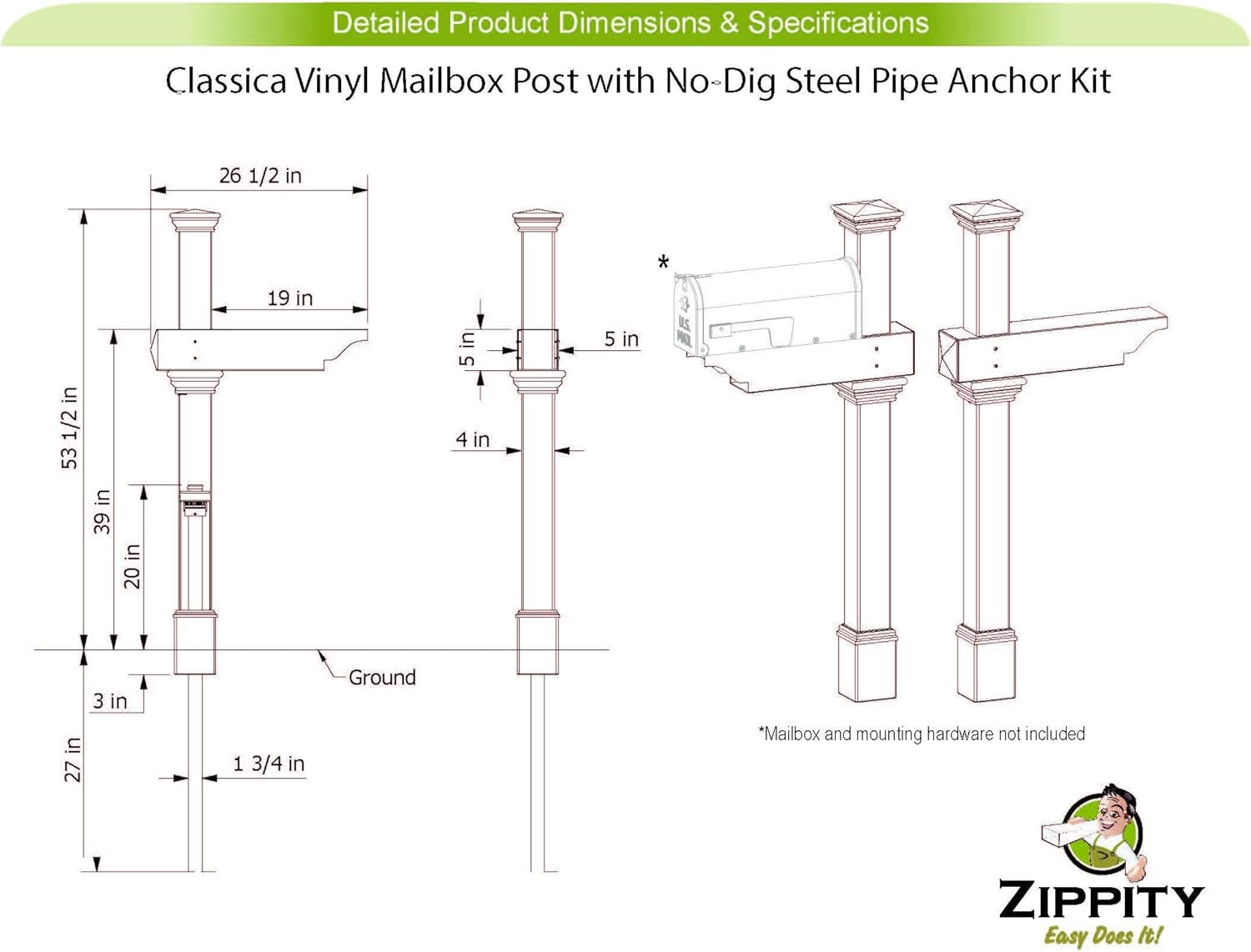 Zippity Outdoor Products ZP19013 Classica Mailbox Post, White