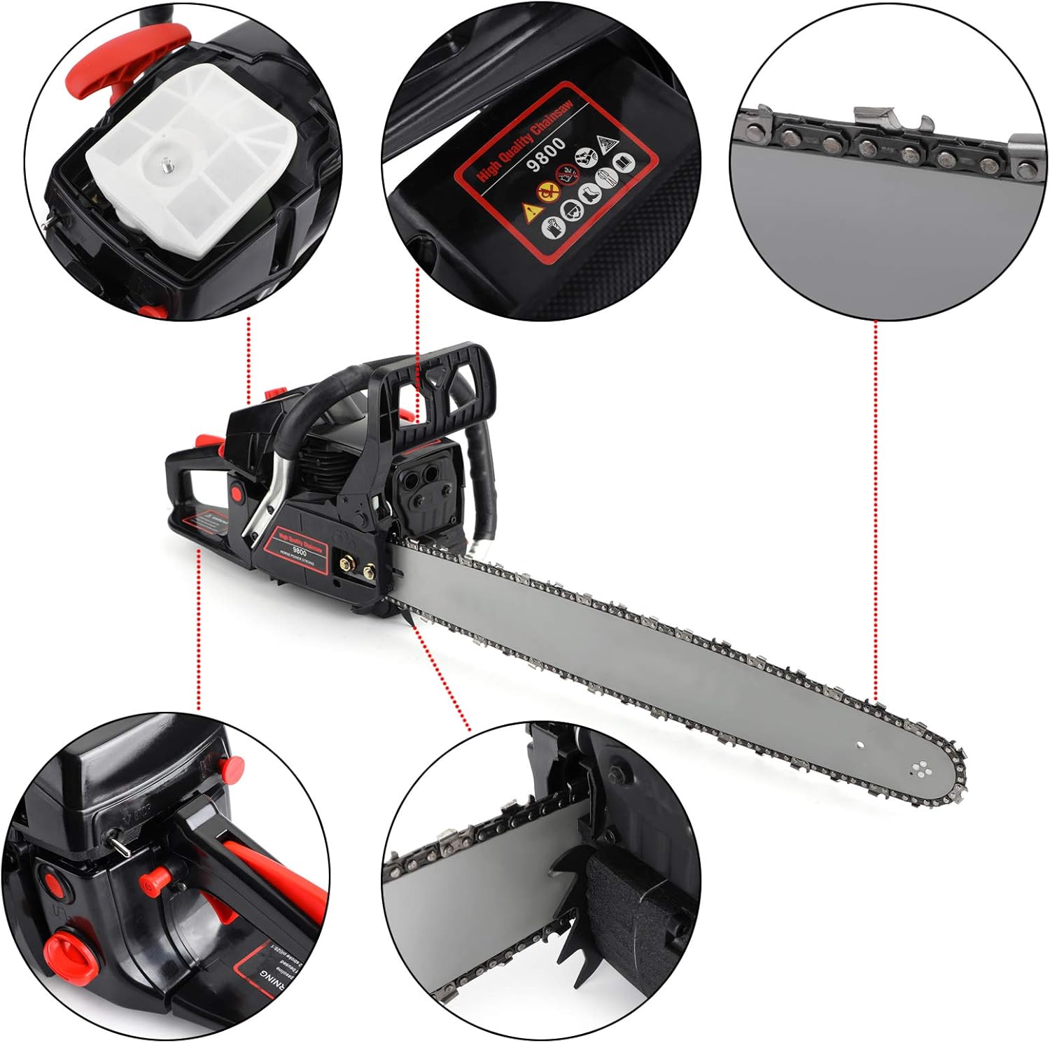 Topteng Gas Chainsaw 20 Inch, 62cc Bar Powered Engine 2 Cycle Gasoline Chainsaw Cutting Wood Gas Sawing Aluminum Crankcase Chain Saw